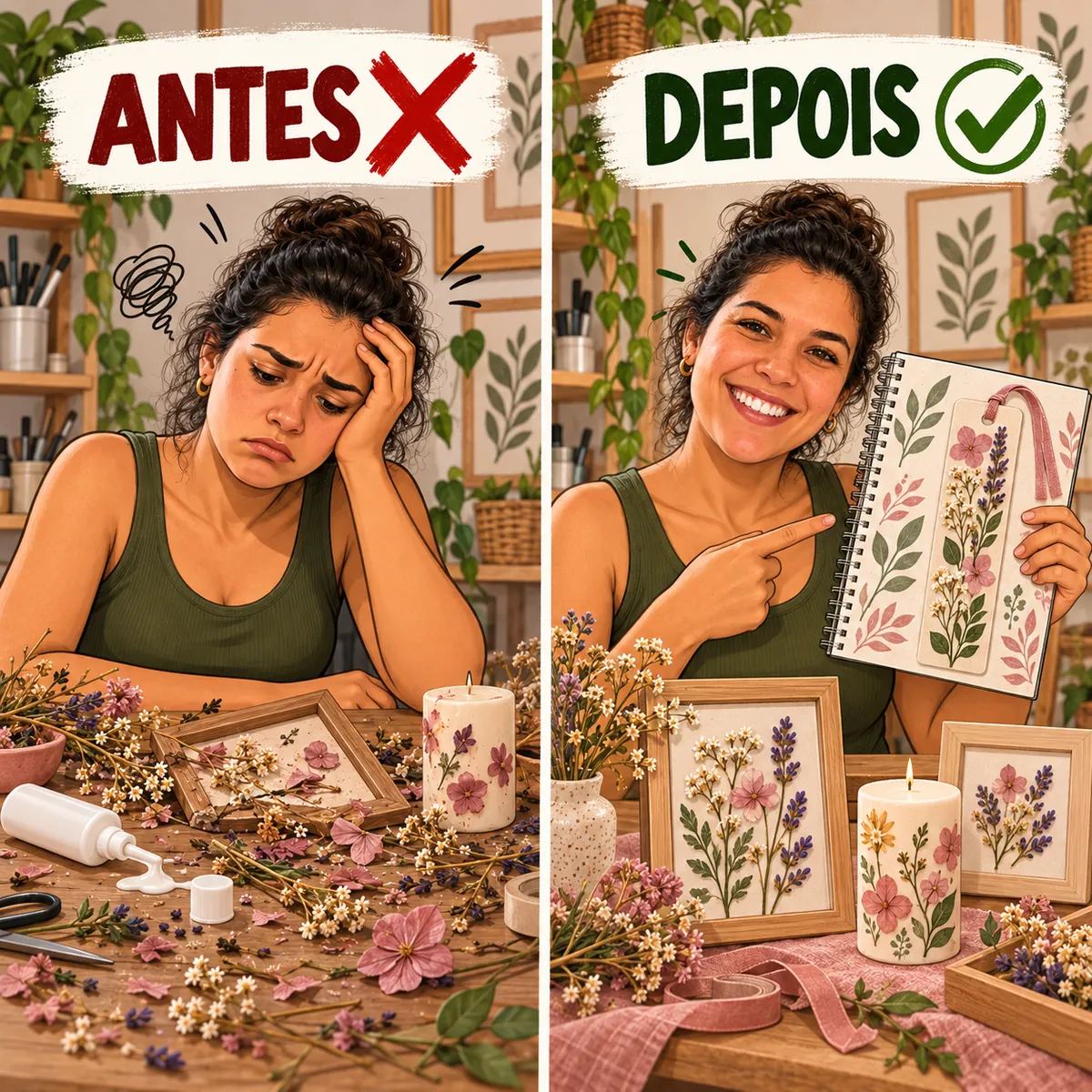 Comparação antes, sem o guia de peças, e depois, criando com o passo a passo