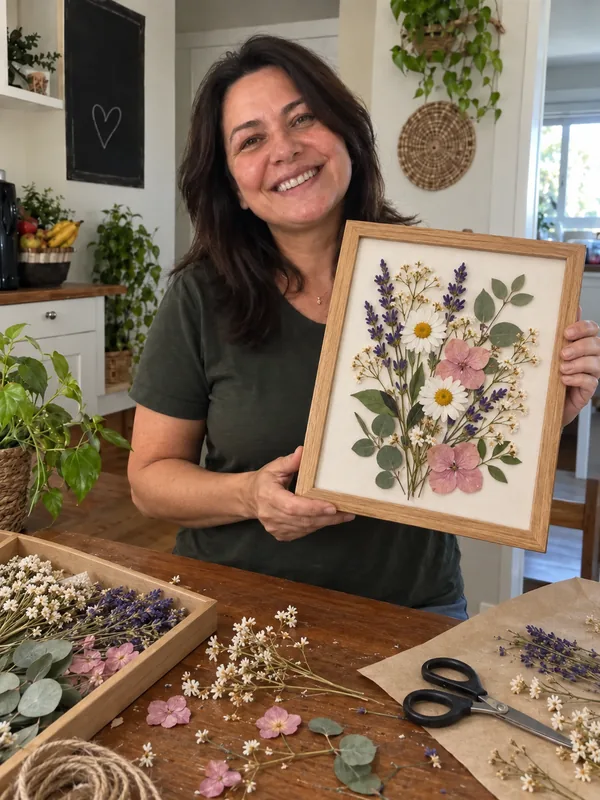 Aluna exibindo uma peça com flores secas