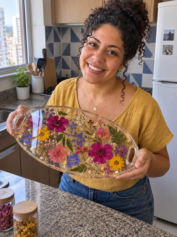 Aluna exibindo uma peça com flores secas