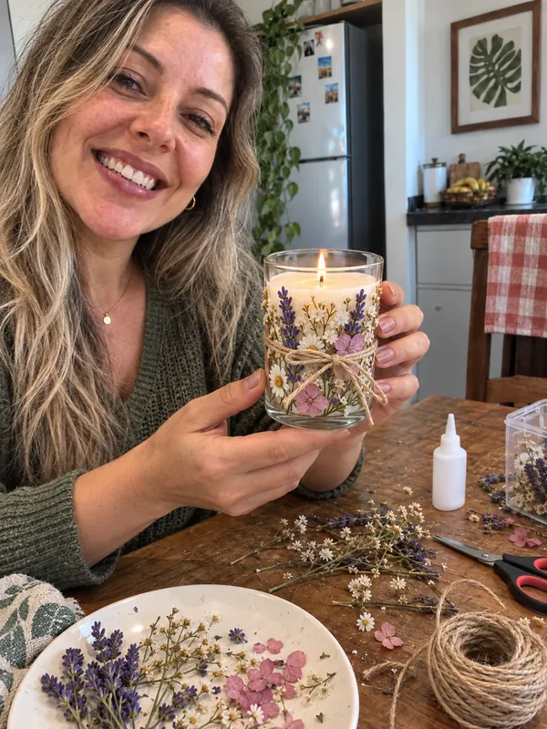 Aluna exibindo uma peça com flores secas