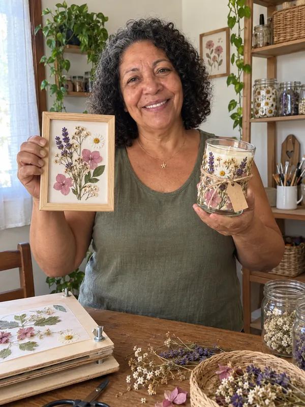 Aluna exibindo uma peça com flores secas