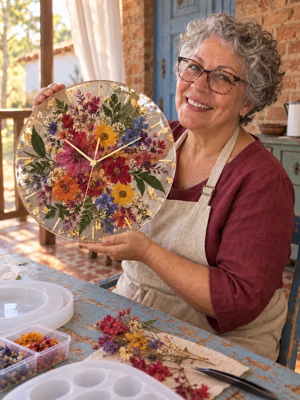 Aluna exibindo uma peça com flores secas